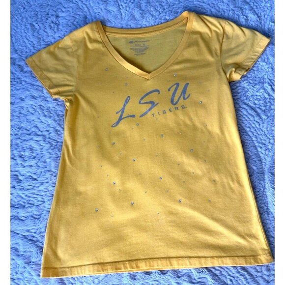 Colosseum LSU Women's Yellow V-Neck Shirt With Small Rhinestones XL fits like L - Picture 3 of 9